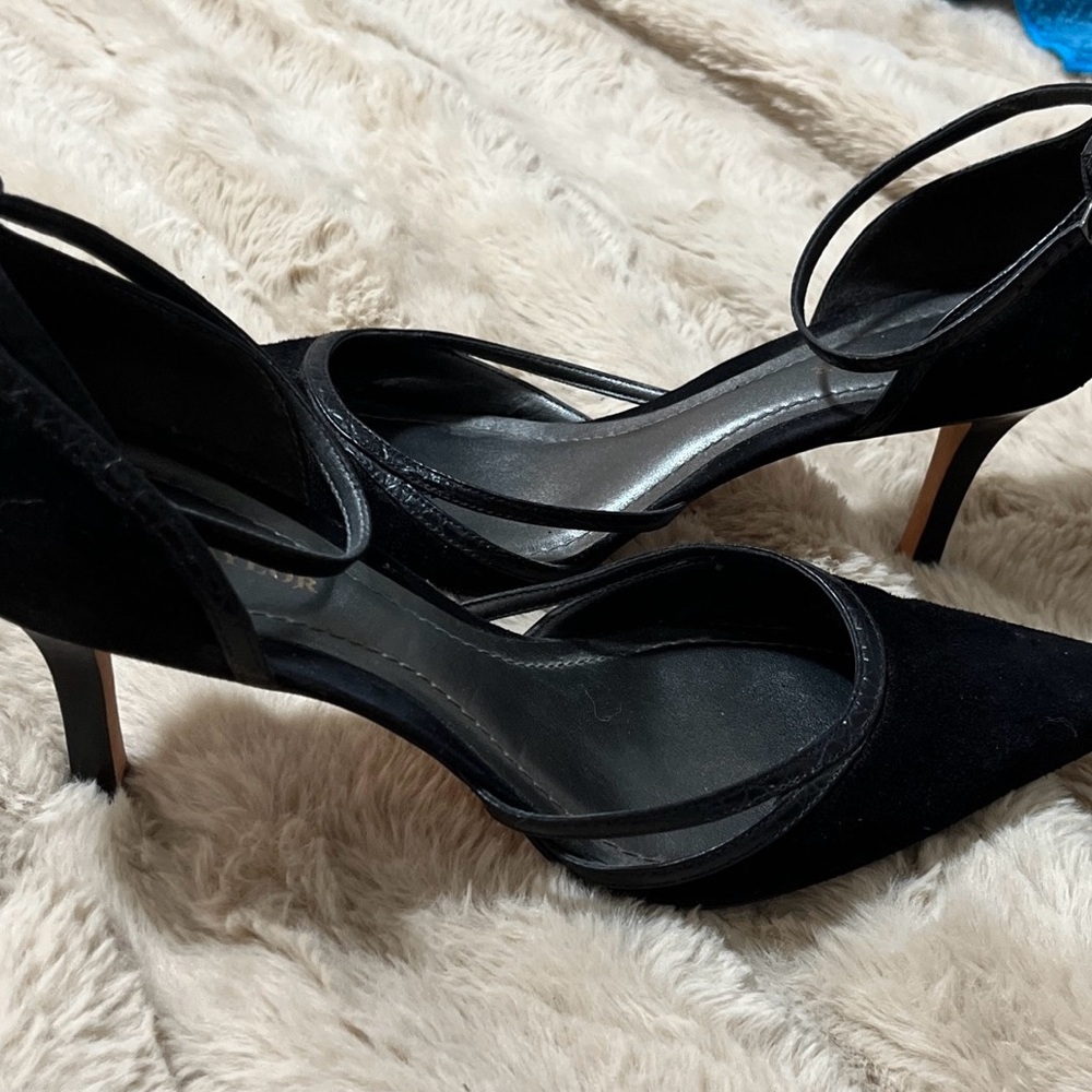 Ann Taylor black suede, sexy pumps with ankle strap